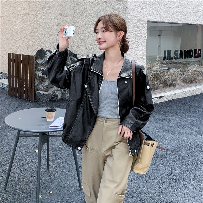 仿蛋白PU皮衣外套女2025秋季新款高级感翻领夹克女韩版时尚显瘦潮,女装皮衣,意芙