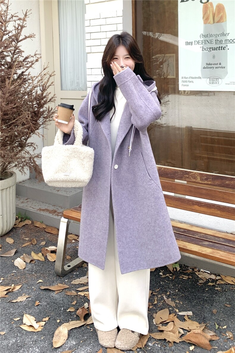 紫色双面呢羊毛外套女秋冬新款韩版中长款连帽气质呢大衣高级感,女装毛呢外套,2D014