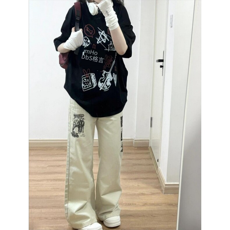 【有货】杏色涂鸦牛仔裤男女美式vibe风裤子高街直筒HT68WW-特P55图片