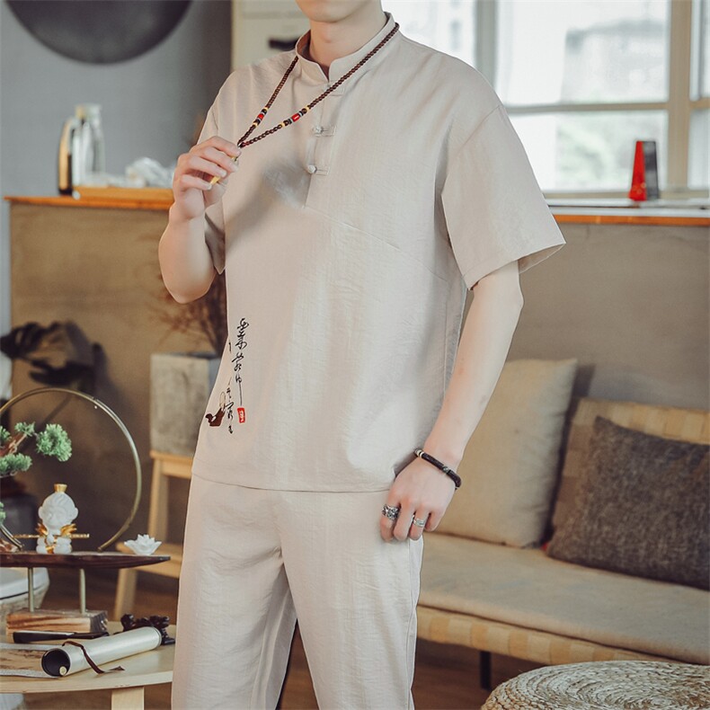 夏季套装男士两件套风复古唐装名族风T恤A334-TZ026-P60,男装民族服装,电商B339(原A334）