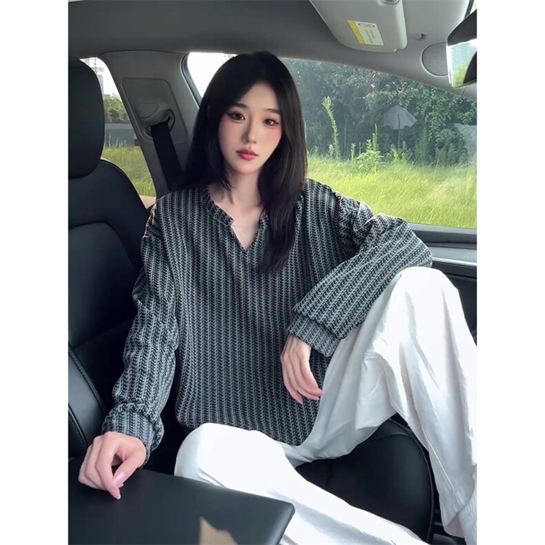 美式高街千鸟格子长袖T恤男女亨利V领英伦雅痞休闲宽松长袖打底衫,男装T恤,电商A486