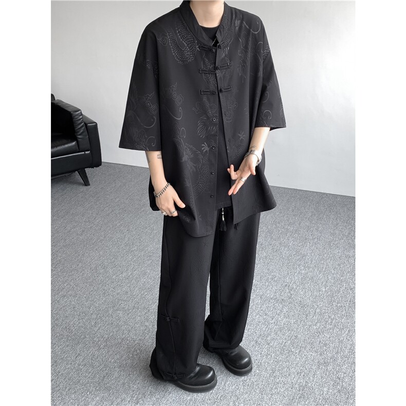风男装中式盘扣冰丝套装立领短袖衬衫唐装两件套TZ1702特批80,男装衬衫,电商B238