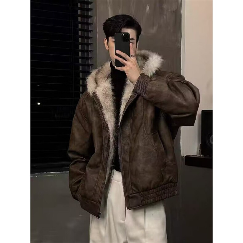 重磅皮衣棉服男冬季连帽廓形美式水洗做旧潮牌毛领座山雕保暖外套,男装皮衣,四季星座505