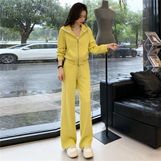 休闲运动套装女春季新款纯色拉链开衫卫衣抽绳阔腿长裤显瘦两件套，女装套装/套裙，2C310