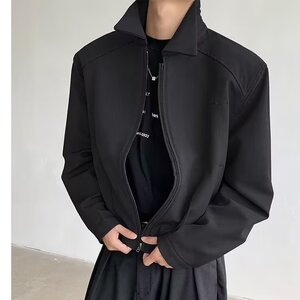 XZ412-P65 黑色短款夹克外套男春秋款高级感痞帅垫肩翻领正肩图片
