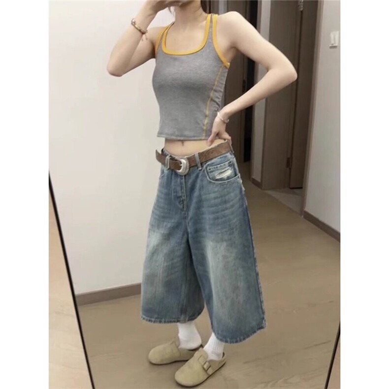 美式水洗破洞牛仔裤男女夏季新款直筒显瘦七分中裤子WLA1455-P53图片