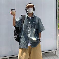 牛仔衬衫男短袖韩版潮流撞色字母帅2023夏季新款ins外套CY277-P53，男装衬衫，星座412-3