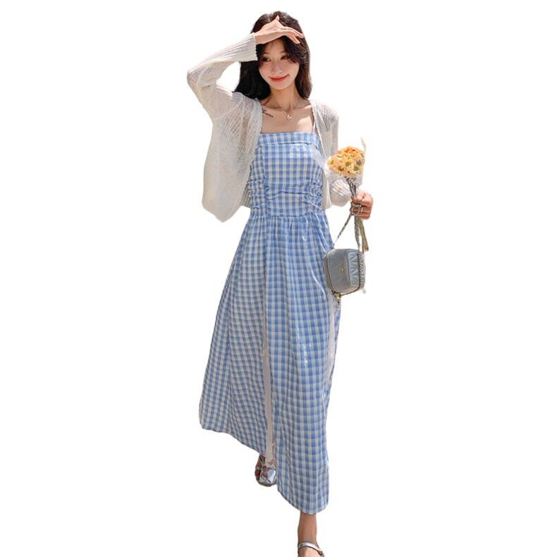 蓝色连衣裙女2025夏季新款蕾丝拼接吊带裙格子收腰长裙+薄款开衫,女装连衣裙,2C218