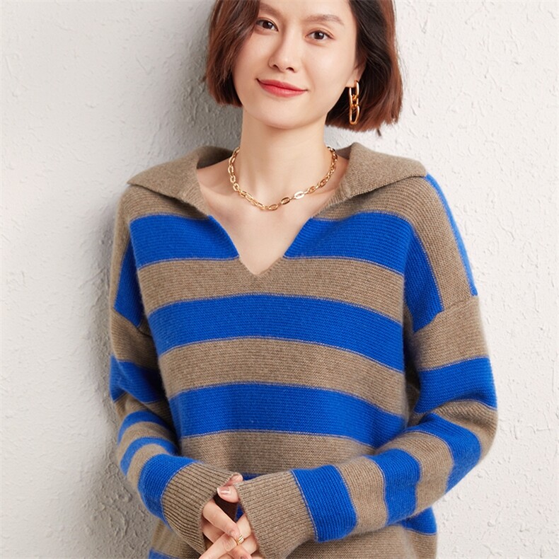 秋冬新款时尚百搭加厚V领条纹羊绒衫舒适保暖显瘦长袖毛衣女,女装羊绒衫,雅之冉羊绒