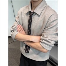 美式复古polo翻领卫衣男款春季老钱风领带长袖上衣宽松学院风外套，女装短外套，星座715-4