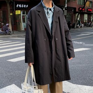 2021新款绅士双排扣港风帅气大衣西装领中长款宽松风衣男 F13P85图片