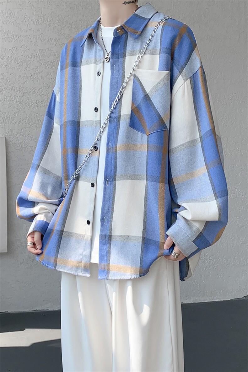 衬衫男春季新款港风宽松大码磨毛格子长袖衬衣CS6636-特P29,男装衬衫,星座214-3