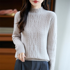秋冬重磅加厚100纯羊毛复古绞花毛衣女半高领保暖菱形针织打底衫，女装羊毛衫，昭美羊绒