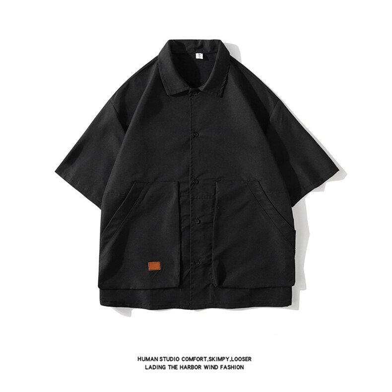 白底 2025夏装日系复古大口袋短袖衬衫男宽松纯色衬衣 C500P40图片