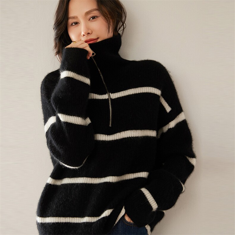 加厚半拉链翻领山羊绒衫女100羊绒24秋冬高领条纹大码针织毛衣,女装羊绒衫,尚达羊绒