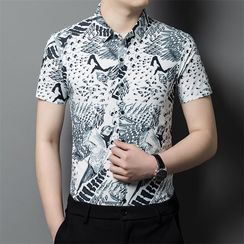时尚印花短袖衬衫男夏季新款中青年男士休闲潮流版型衬衣,男装衬衫,电商B212（原钱塘6029）