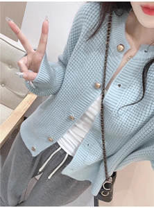 时尚百搭短款圆领针织开衫女春秋新款长袖宽松显瘦毛衣外套图片