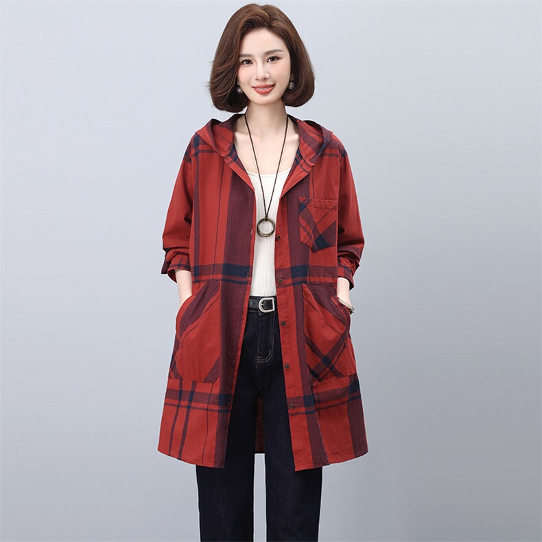 格子衬衫外套女春秋2024新款中长款连帽休闲风衣,女装衬衫,忆绮罗