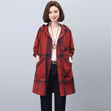 格子衬衫外套女春秋2024新款中长款连帽休闲风衣，女装衬衫，忆绮罗