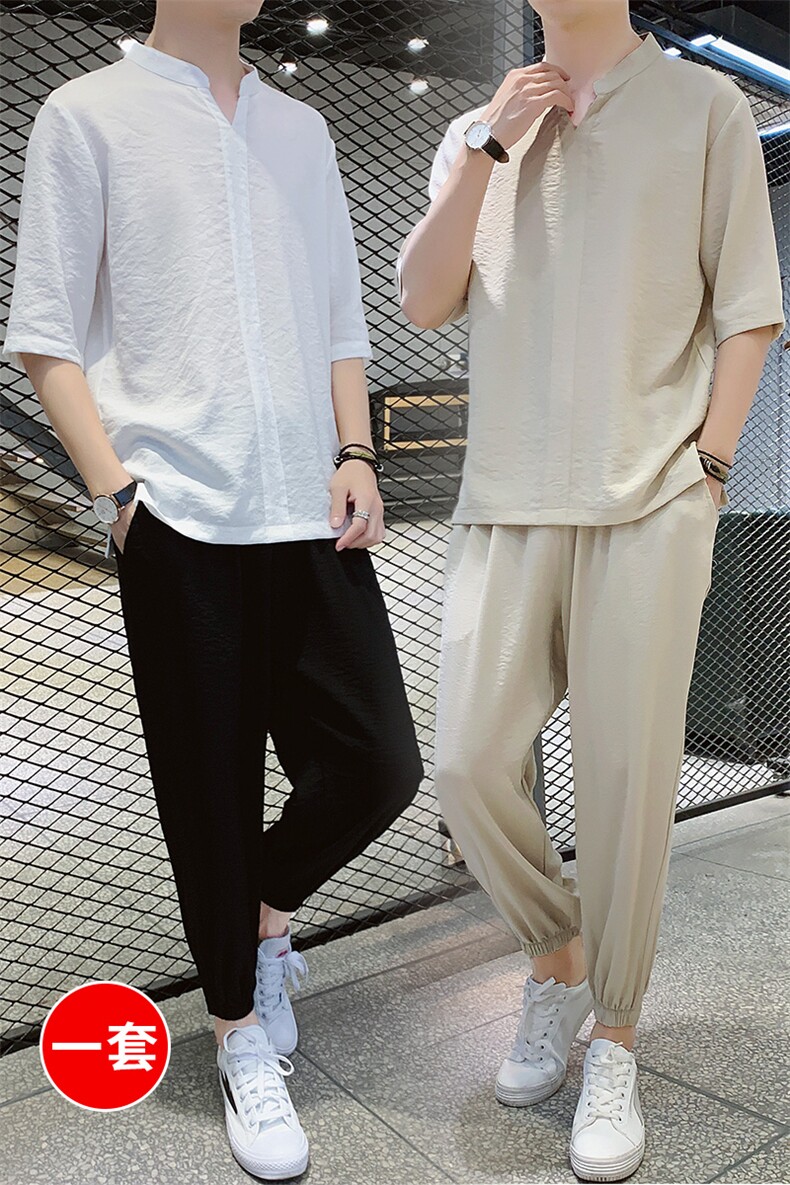 有报告男士套装夏季短袖T恤搭配九分裤两件套DS417T,男装T恤,电商A102