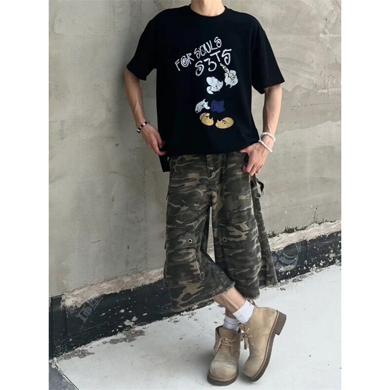 多口袋迷彩工装短裤男夏季潮牌宽松休闲直筒cleanfit阔腿七分裤子,男装牛仔裤,星座1007（原301D）