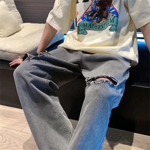美式复古洗水做旧膝盖破洞牛仔裤男ins潮牌情侣老爹裤 K3585-P39图片