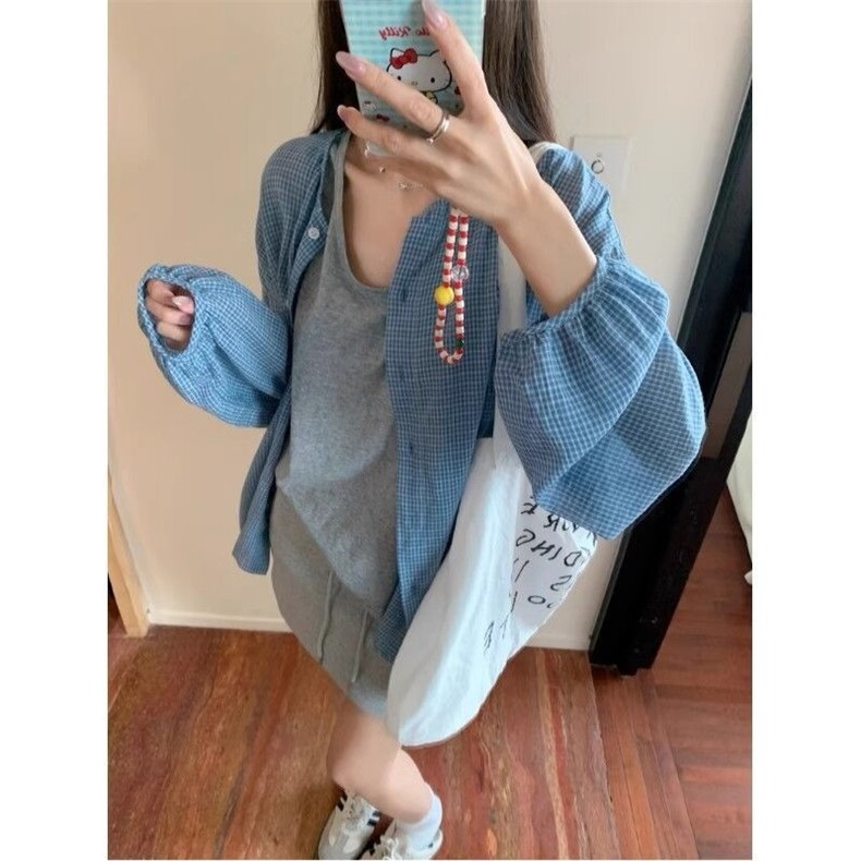 夏季新款慵懒防晒韩系蓝色格子衬衫百搭衬衣外套显瘦宽松上衣2025图片
