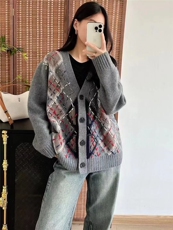 山羊绒通勤百搭拼色菱形格设计开衫毛衣针织外套，女装羊绒衫，大千羊绒