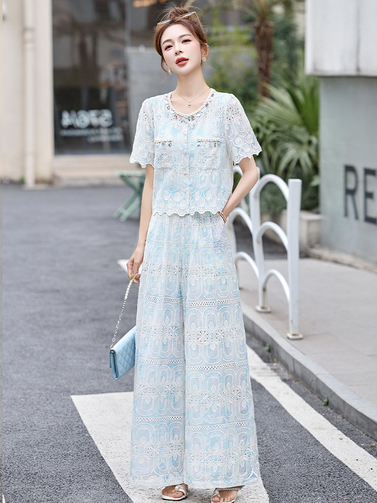 法式小香风套裤女夏季新款韩系提花刺绣短袖上衣阔腿裤两件套,女装套装/套裙,伊仟回