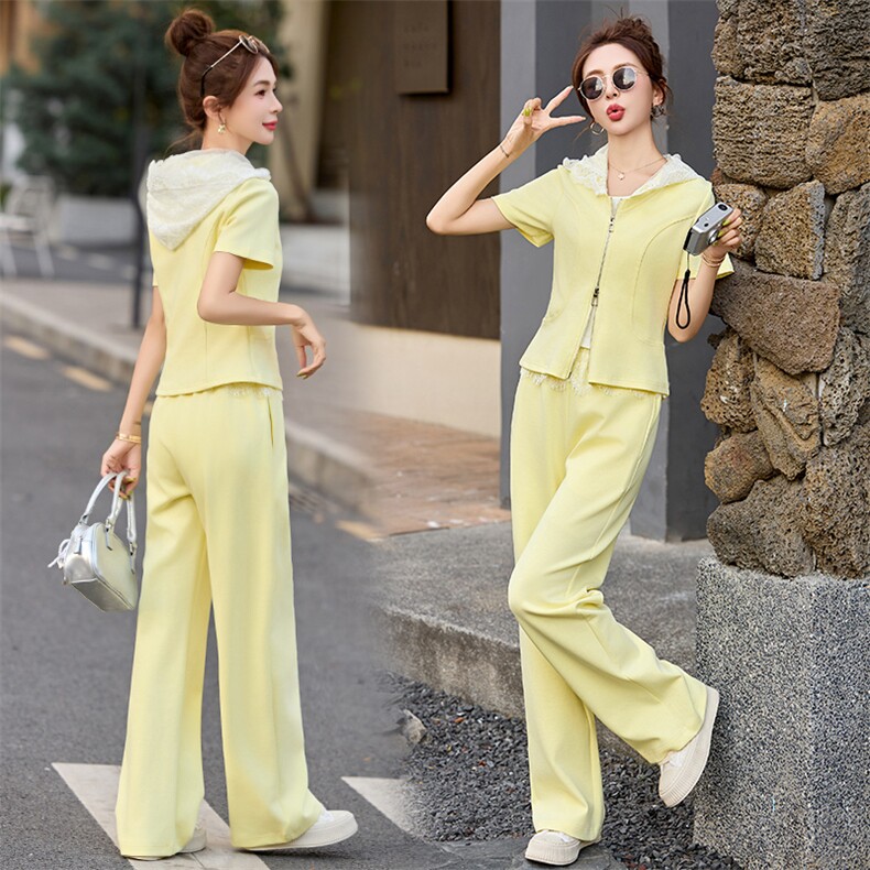 高级感休闲运动蕾丝拼接套装女夏季新款修身短袖上衣阔腿裤两件套，女装套装/套裙，韩然一族