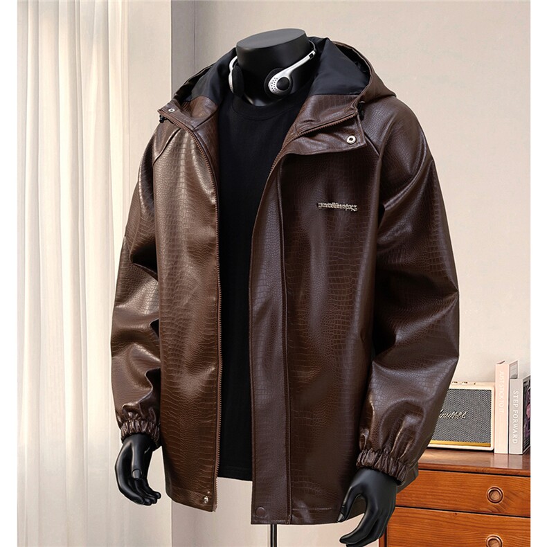 港风模特连帽鳄鱼纹PU皮衣大码M-5XL冲锋衣夹克男JK8744P90控128，男装皮衣，星座227-7