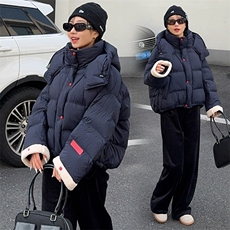 2024冬季新款仿羊羔毛拼接羽绒服短款白鸭绒加厚面包服90白鸭绒，女装羽绒服，韩蜜菓