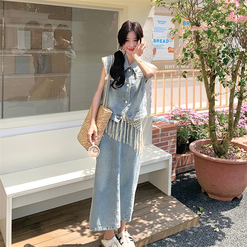 花边拼接牛仔马甲流苏半身裙套装女夏2025新款韩系减龄气质两件套,女装套装/套裙,2C126