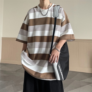 B225-T9202-P40-X55-全棉 条纹撞色短袖新款美式复古高街日系图片