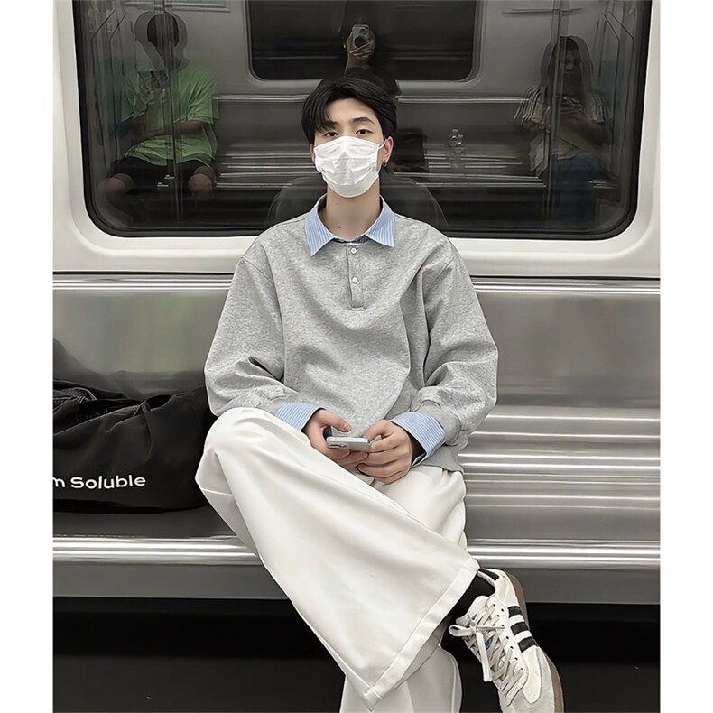 2025新款假两件卫衣男秋冬款高级感翻领上衣内搭长袖T恤WYB206图片