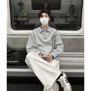 2025新款假两件卫衣男秋冬款高级感翻领上衣内搭长袖T恤WYB206图片