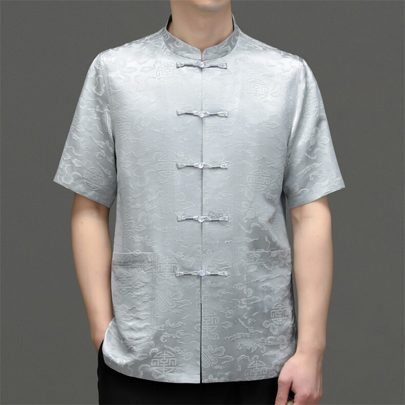 唐装男中老年休闲短袖T恤夏季薄款风爸爸装绸上衣，男装民族服装，电商B212（原钱塘6029）