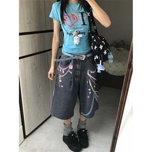 【有货】N1241CC-特P53 美式3D链条彩色印花七分牛仔短裤男女图片