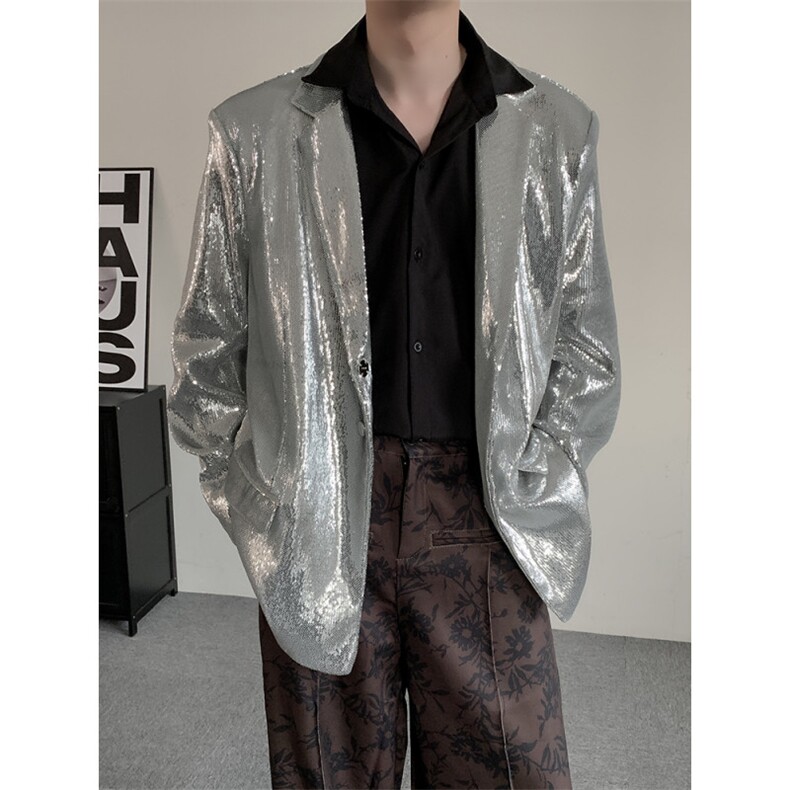 结婚登记明星同款舞台演出服银色闪闪亮片西装外套男女歌手男礼服图片