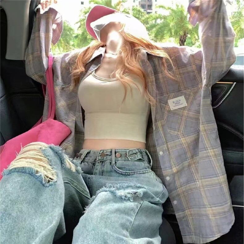 格子衬衫女春夏季薄款2025新款防晒上衣显瘦百搭开衫外搭长袖衬衣,男装衬衫,星座1210-1