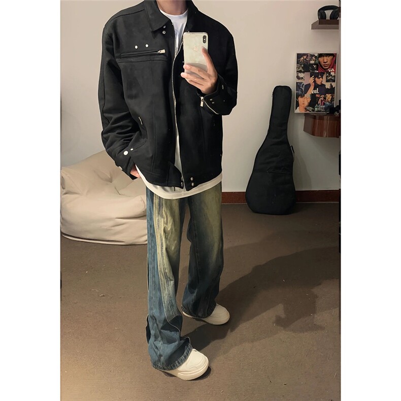麂皮绒解构短款外套男春秋款美式高街机车服高级感潮牌飞行员夹克,男装夹克,星座506A