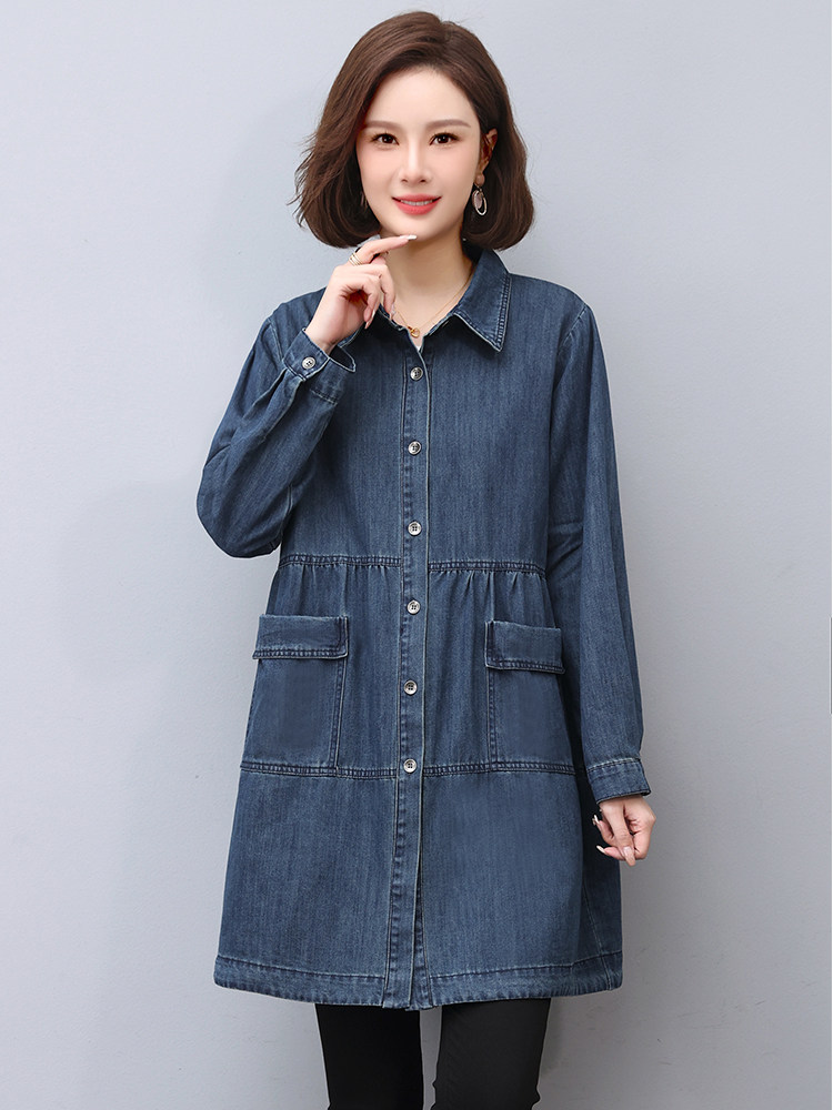 轻薄单层翻领牛仔风衣外套女2024春装新款中年妈妈洋气薄外套褂子,女装连衣裙,希欧阁