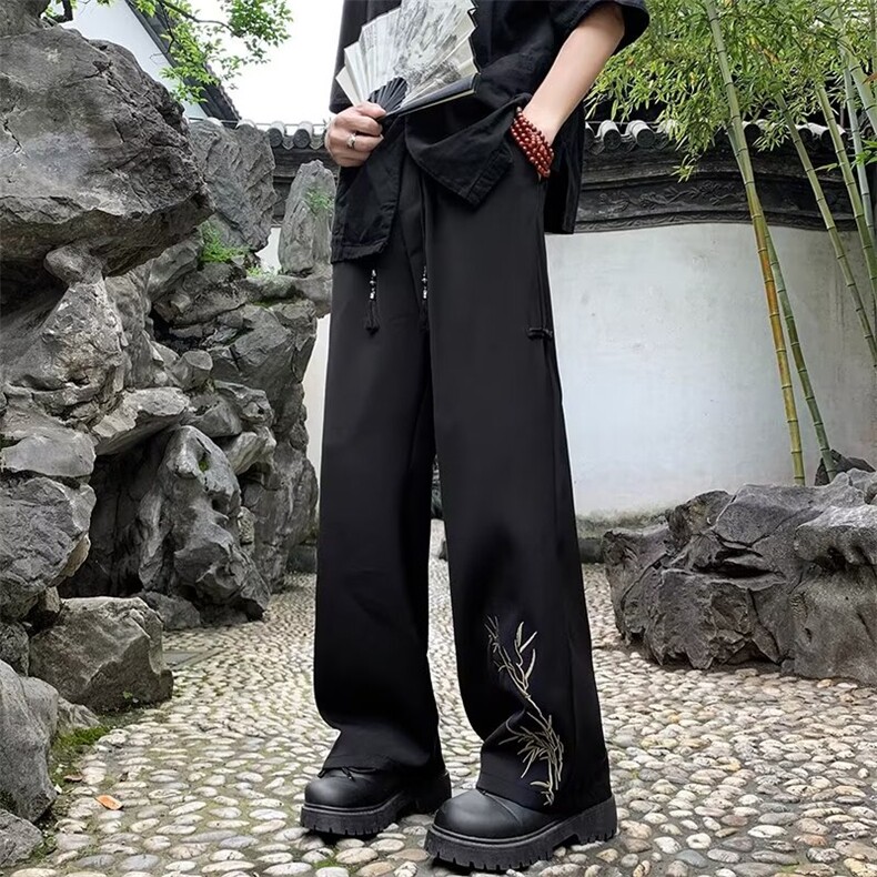 新中式风刺绣裤子男夏季薄款西裤垂坠感冰丝休闲长裤 KD46图片