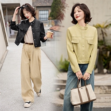 现货机车风外套2025春装新款女装时尚休闲简约短款立领落肩袖夹克，女装皮衣，美拉德工厂直营店