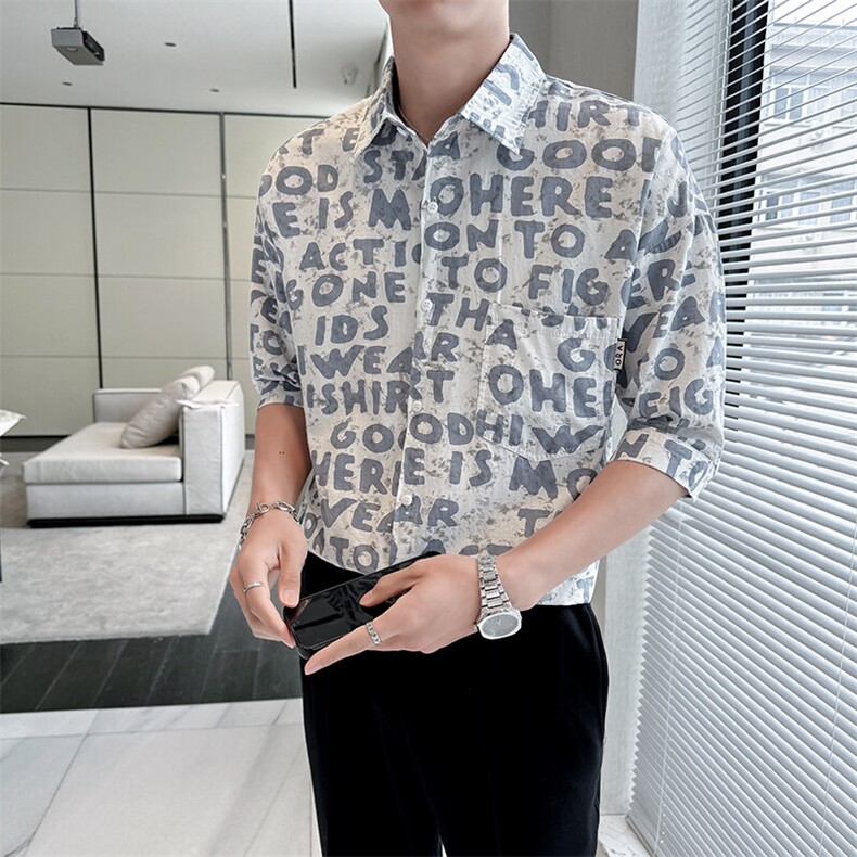 2025春季新款衬衫男士夏季七分袖衬衫印花棉质上衣男901-C39P58,男装衬衫,星座901