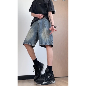 复古蓝闪电纹牛仔短裤男款夏季美式水洗做旧潮牌直筒裤子XXF620图片