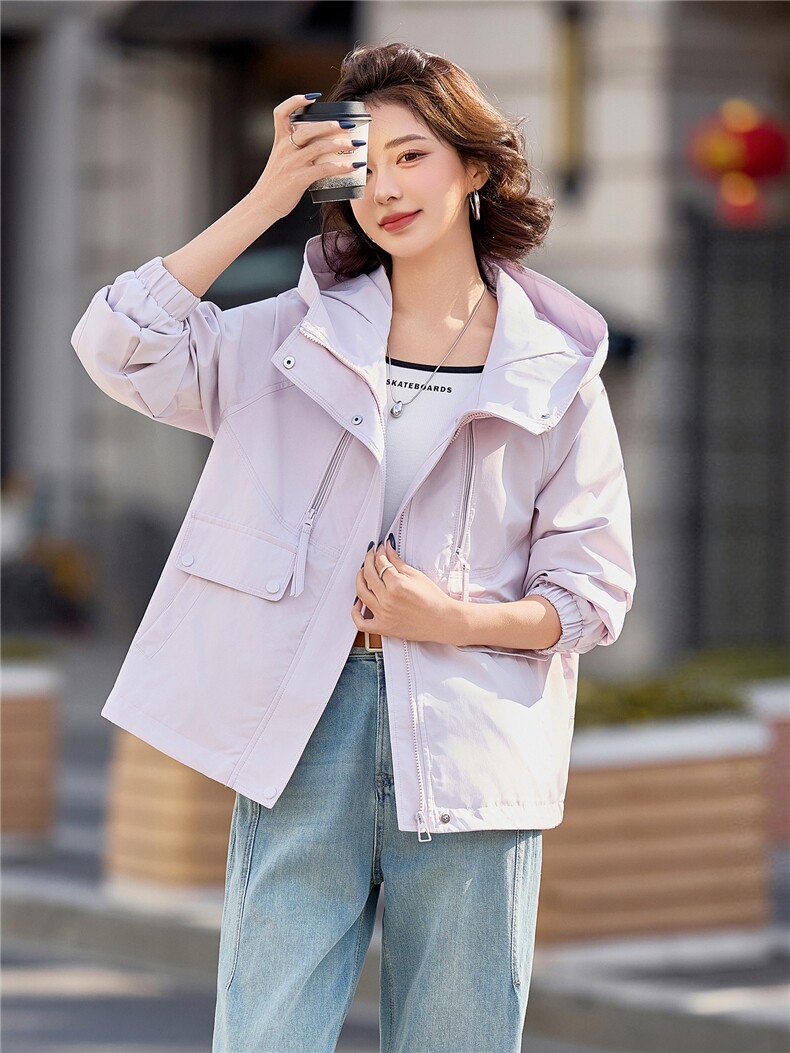 小个子短外套女2026年春季女士户外冲锋衣拉链短款连帽,女装短外套,悦祺