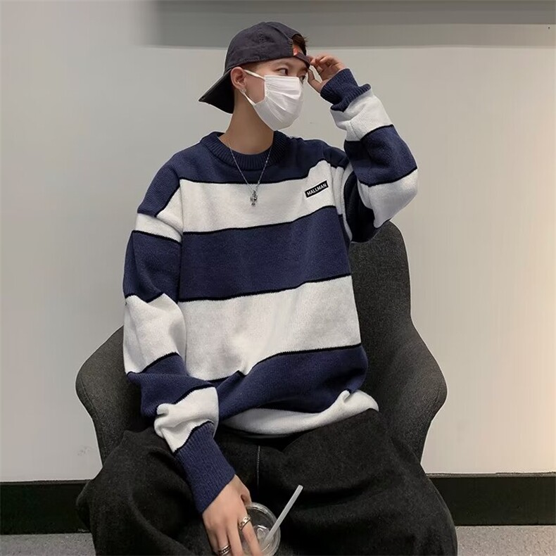 日系复古慵懒宽松休闲针织衫秋冬季新款条纹撞色毛衣男M-P45，男装针织衫/毛衣，星座512-4