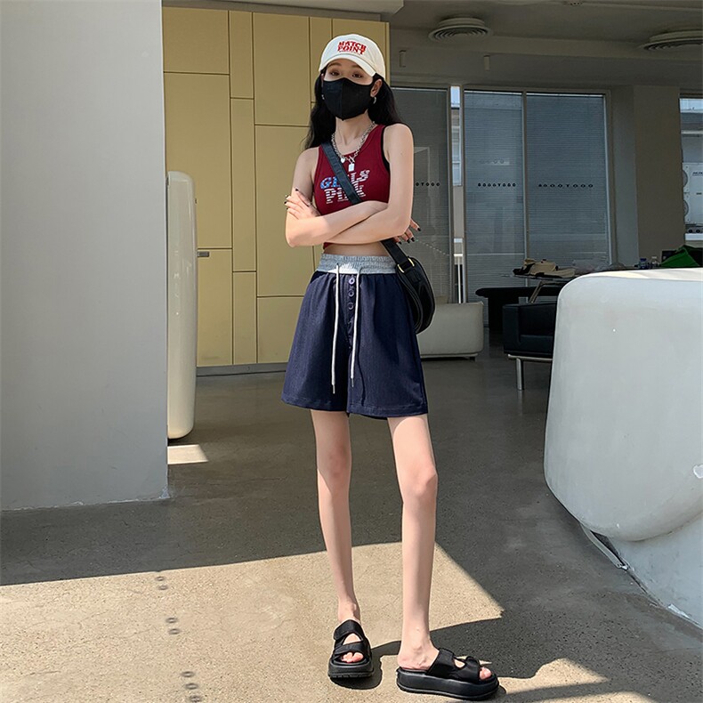 天丝牛仔短裤女2024夏季薄款松紧腰a字宽松显瘦百搭阔腿裤子,女装牛仔裤,梦白服饰厂