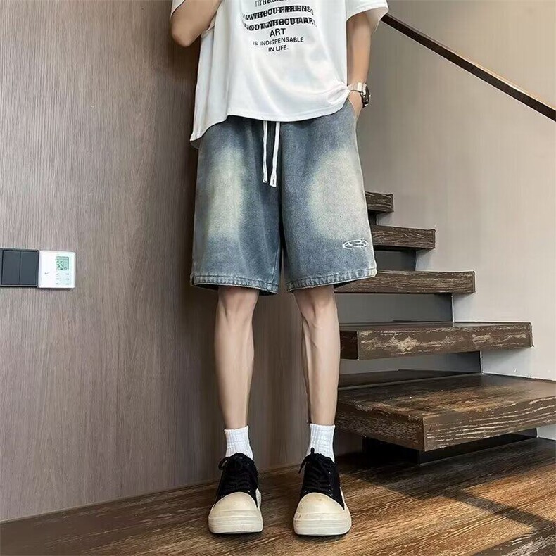 牛仔短裤男夏季渐变高街潮流水洗直筒裤子宽松休闲薄款五分裤,男装牛仔裤,星座410-7